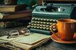 vintage typewriter and coffee on antique desk