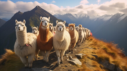 Wall Mural - landscape with llama in the mountains