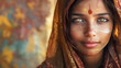 A portrait of a young Hindu woman with a veil on her head. Banner, copy space.