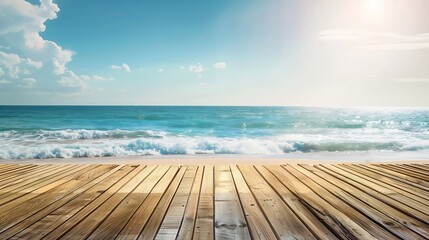 Aufkleber - Generative AI : Wooden floors and ocean backdrop Suitable for a beach use. The beauty of nature