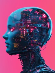 Poster - Cybernetic head with intricate circuit design - A vivid portrayal of a robotic head filled with complex circuitry against a neon pink background, exemplifying futuristic technology