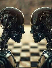 Poster - Detailed robotic heads facing each other - Close-up of two highly detailed robotic heads facing each other, suggesting themes of artificial intelligence and robotics