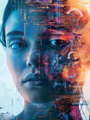 Poster - Digital human face with circuitry - Image melds a human face with digital circuitry, symbolizing the connection between technology and humanity