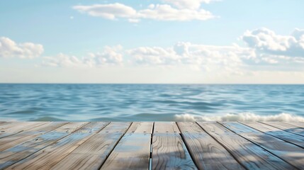 Aufkleber - Generative AI : Wooden floors and ocean backdrop Suitable for a beach use. The beauty of nature