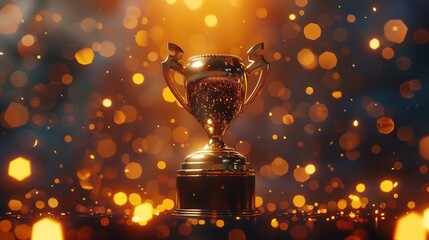 golden trophy against sparkling golden bokeh background