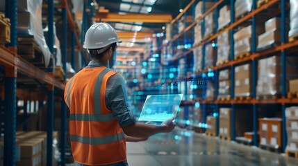 Aufkleber - Generative AI : Warehouse worker using hologram visual smart information display for futuristic data business intelligent 