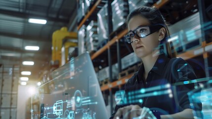 Aufkleber - Generative AI : Female Worker Doing Inventory, Using Augmented Reality Program On Laptop Computer