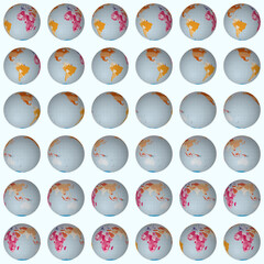 Fototapete - Collection of planet globes. Normal sphere view. Rotation step 10 degrees. Colored countries style. World map with sparse graticule lines on chromaticity background. Delicate vector illustration.