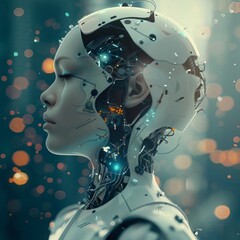 Poster - Futuristic robot head with intricate details - A detailed close-up of a robot's head showcasing advanced technology and artificial intelligence