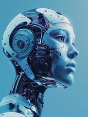 Poster - Futuristic robot head side view in blue - Shot illustrating the side view of a futuristic robot head with internal mechanisms visible in blue tones