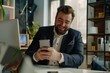 © Pixel Quest - Businessman with phone in hands inside office at workplace, joyful successful man in business suit uses application on smartphone, boss browses internet pages and online financial markets,GenerativeAI