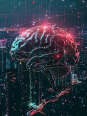 Poster - Illuminated brain floating over cityscape - A digitally enhanced brain hovers over a bustling city night, symbolizing intelligence and innovation