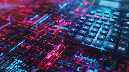 Poster - Illuminated circuit board with neon colors - A close-up of a glowing circuit board with vibrant neon lights emphasizing technology and electronics