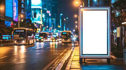 Wall Mural - Blank white screen billboard on street cityscape blurred background. PNG screen display for mockup.