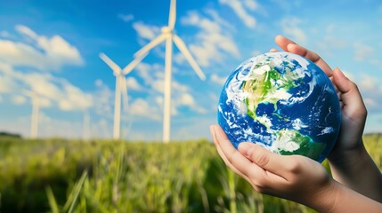 Generative AI : Hands holding earth, globe on wind turbine field against blue sky background. 