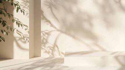 Poster - Generative AI : Minimalistic abstract gentle light beige background for product presentation with light andand intricate shadow