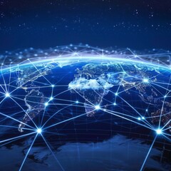 Poster - World map with illuminated network connections - Global network overlay on the world map with bright connections representing international communication