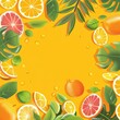 Sliced citrus fruits with bubbles and leaves design - A colorful display of sliced citrus fruits artistically arranged amongst green leaves and water bubbles on an orange background
