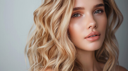  beautiful blonde woman with wavy medium-long hair, healthy skin looks at the camera and natural makeup of a young model on a studio background with copy space
