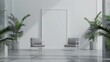frame mockup in a spacious room with chairs and green plants, 3D render