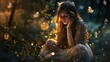 A young woman is sitting in a dark, forested area with faint sunlight filtering through the trees. She is surrounded by illuminated dots and light bokeh, which create a magical atmosphere. The woman i