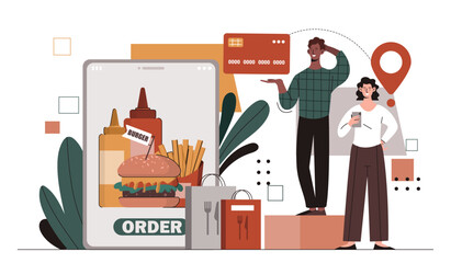 People buy food online. Man and woman with mobile application for orders fastfood. Takeaway eating order. Hamburger and french fres. Cartoon flat vector illustration isolated on white background