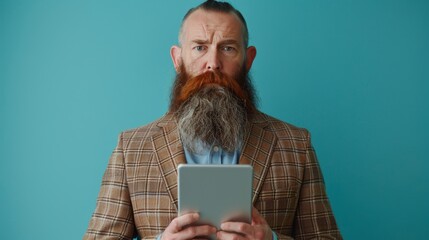 Wall Mural - Confident european businessman in suit with tablet on pastel background, copy space.