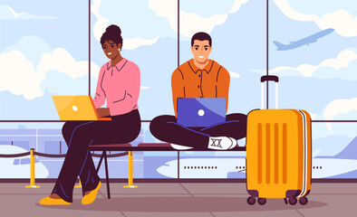 Poster - freelancers work at airport. man and woman with laptops sitting near yellow luggage and baggage. dig
