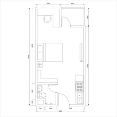 Wall Mural - house plan blueprint. studio type apartment plan. with dimensions and furniture. apartment floor plan