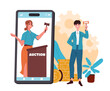 People with online auction. Man and woman at smartphone screen. Financial deals and agreements. Businessman with bid. Cartoon flat vector illustration isolated on white background