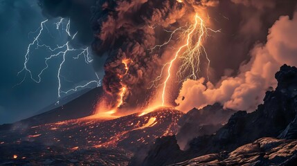 Wall Mural - a volcano with a lot of lava and lightning