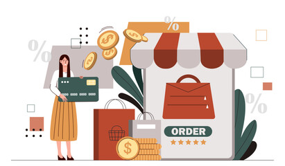 Poster - Woman with online shopping. Young girl with banking cards with golden coins and money. Cashless transfers and transactions. Electronic commerce and marketing. Cartoon flat vector illustration