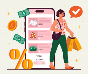 Poster - woman with online shopping. young girl with shopping bags near smartphone screen. electronic commerc