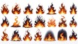 A series of realistic flames of various shapes and intensities, ranging from small flickers to large blazes, on a White background for use in fire-related designs.