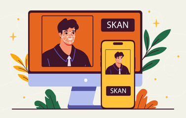 Poster - face scan concept. authorization to computer or smartphone. safety and protection of personal data. 