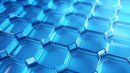 Poster - A 3D rendering showcases blue transparent hexagons.