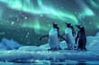A family of penguins waddling on a glittering ice floe under the aurora borealis