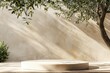 © kardaska - Product display podium for natural product. Empty scene with olive tree branch cosmetic mockup clean