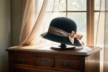 Vintage Hat, 1920s Style, Cloche With A Silk Ribbon, Resting On An Antique Wooden Dresser, Near An Open Window With Sheer Curtains Billowing Gently, Soft Backlighting, Natural Light