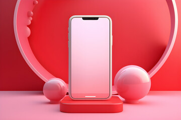 Poster - Pink mockup smartphone on podium on abstract background. Mobile phone ith blank white screen for presentation or application design show,  generated by AI. 3D illustration