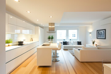 Wall Mural - white modern kitchen with white walls, wooden floor and white counters