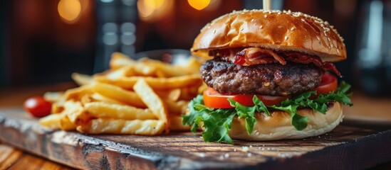 Wall Mural - Burger with chips served on a wooden table.