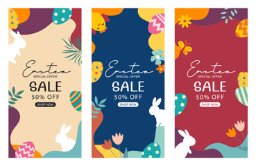 Sticker - Easter eggs sale banner design template with colorful eggs. Use for social media, advertising, flyers, posters, brochure, voucher discount.