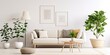 © Lasvu - Modern Scandinavian home interior design with a chic living room featuring a comfortable sofa, mid-century furniture, cozy carpet, wooden floors, white walls, and green home plants.