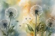 watercolor dandelions art light tones background wallpaper freedom of flight. Generative AI