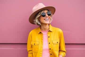 Wall Mural - Portrait of a beautiful fashionable woman in sunglasses and hat on a pink background