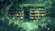 A mystical bookstore surrounded by lush greenery with a garden path that leads to a secret garden filled with enchanted books.