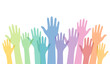 © Orapun - Colorful hand up vector. People raise hands in flat design on white background.
