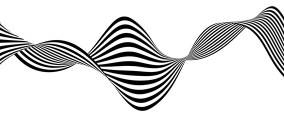 Poster - Black and white wavy bent ribbon element. 3D curve stripe shape background. Liquid abstract line wallpaper for banner, flyer, poster, presentation, brochure. Optical illusion art cover. Vector 