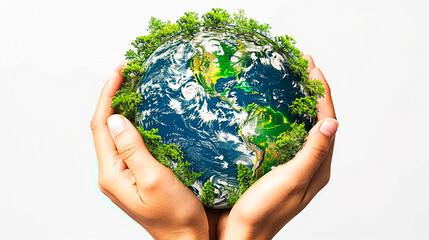 Wall Mural - Closeup image of a child's hand holding a forest and an earth-like sphere..